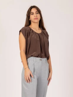 Blusa Seta Mano Sale Con Arricciatura Cacao