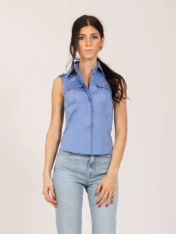Elisabetta Franchi Camicia Corta Smanicata Pervinca Con Taschine