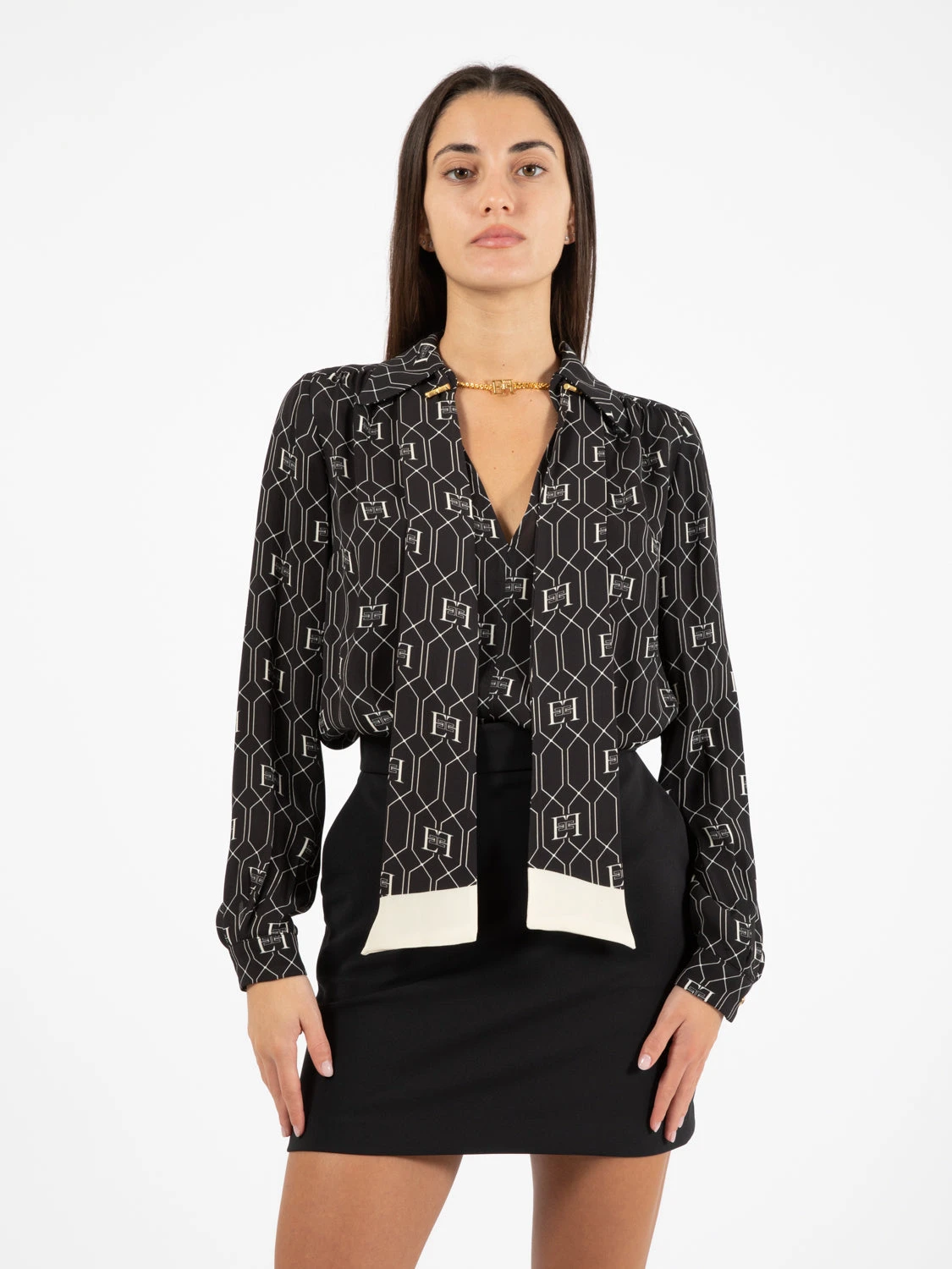 Elisabetta Franchi Camicia In Viscosa Con Foulard Nero / Burro 3 Elisabetta Franchi Camicia In Viscosa Con Foulard Nero / Burro