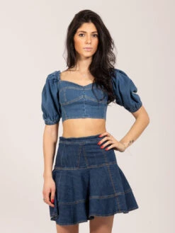 Elisabetta Franchi Crop Top Con Scollo A Cuore Blue Denim