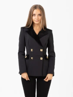 Elisabetta Franchi Giacca Doppiopetto Nera Con Rever In Velluto E Maxi Borchie