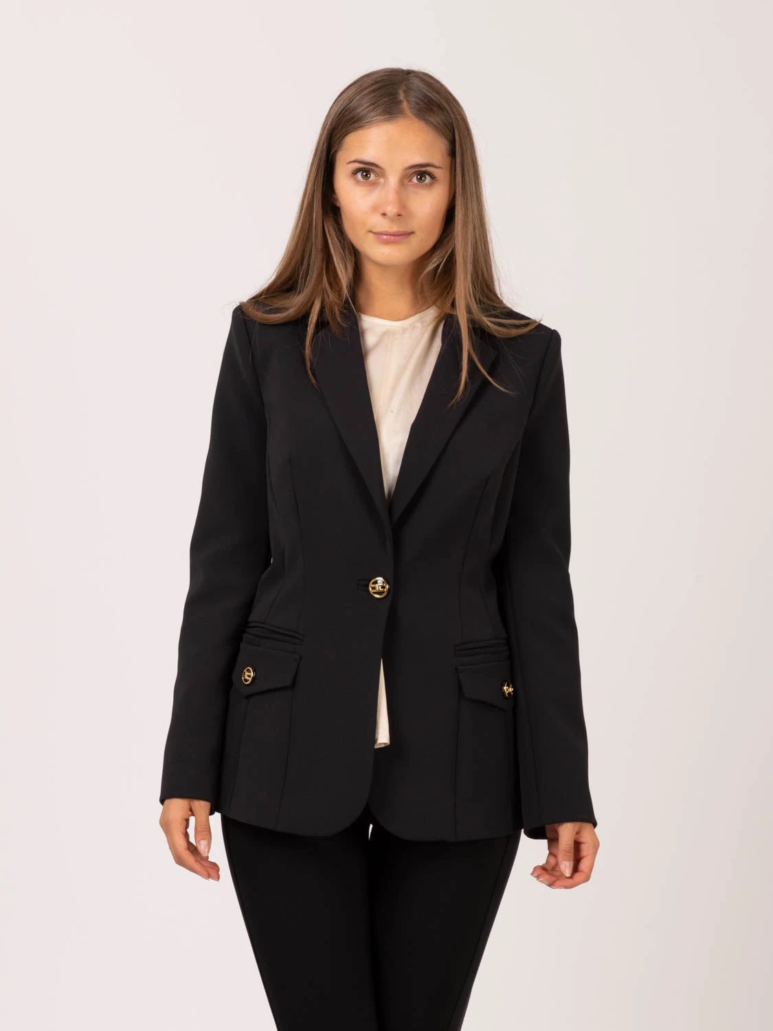 Elisabetta Franchi Giacca In Crepe Nera Con Bottoni Smaltati Light Gold 3 Elisabetta Franchi Giacca In Crepe Nera Con Bottoni Smaltati Light Gold