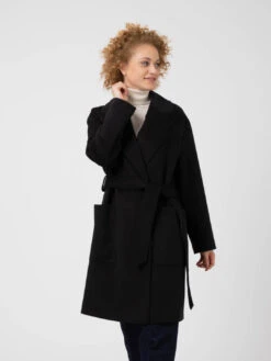Cappotto Midi Nero Con Cintura