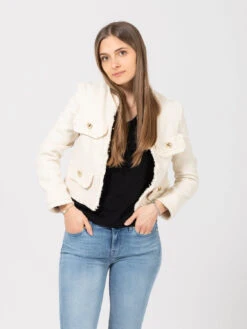 Giacca Corta Girocollo Bouclé Ecru