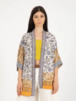 Kimono Seta Stampa Paisley Blu / Multicolor